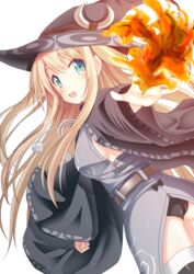  absurdres aqua_eyes bad_id bad_pixiv_id black_panties blonde_hair earrings female fire hat highres jewelry long_hair looking_at_viewer magatama magatama_earrings mayuzumi_makiha open_mouth original panties simple_background solo underwear white_background witch_hat 