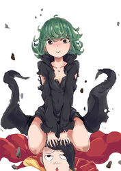  1boy akatsukiame bald black_dress blush cape commentary_request curly_hair dress female image_sample one-punch_man pixiv_sample saitama_(one-punch_man) tatsumaki torn_clothes 