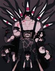  breasts claws cleavage dark_background detached_sleeves dual_wielding envy_(fma) extra_eyes eyepatch female fullmetal_alchemist fur_trim genicecream glowing glowing_eyes greed headband king_bradley looking_at_viewer lust military military_uniform multiple_boys pride red_eyes saliva selim_bradley sleeveless sloth smile sword tattoo uniform weapon wrath 