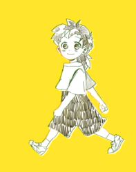  1boy black_eyes black_hair clenched_hands commentary_request dragon_ball dragon_ball_z fukuko_fuku happy looking_at_viewer male_focus monochrome shirt shorts simple_background smile socks solo son_gohan walking yellow_background 