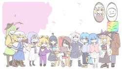  3boys 6+girls :3 ahoge alice_margatroid antennae ants_(cookie) australopithecus_(cookie) azuki_aisu_ranmaru black_hair black_hat black_skirt black_vest blonde_hair blue_dress blue_hair boots breasts brown_coat brown_hat brown_shirt cardigan character_request closed_eyes closed_mouth coat collared_shirt colored_inner_hair commentary_request cookie_(touhou) cross-laced_footwear dress frilled_hat frills full_body fumei_(cookie) giorno_giovanna glasses green_hair green_skirt grey_cardigan hat highres hijirino_(cookie) holding holding_megaphone indie_virtual_youtuber jiangshi jiko_mujun jojo_no_kimyou_na_bouken kirisame_marisa komeiji_koishi leftame long_hair long_sleeves looking_at_viewer medium_breasts megaphone mob_cap multicolored_hair multiple_boys multiple_girls nisu_(cookie) not_present nyon_(cookie) pants petals pink_eyes pink_shirt purple_hair purple_pants rainbow red-framed_eyewear red_eyes shirt short_hair skirt skirt_set smile standing sumahisa_(cookie) thick_eyebrows throne tofu-san touhou turtleneck turtleneck_shirt vento_aureo vest virtual_youtuber white_background white_hat white_shirt witch_hat yagasuri yellow_shirt yumetsugimirura_(cookie) 