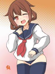  black_buruma black_sailor_collar black_thighhighs brown_eyes brown_hair buruma female gradient_background ikazuchi_(kancolle) kantai_collection long_sleeves mushi_mushi_ex neckerchief no_pants oerba_yun_fang one-hour_drawing_challenge one_eye_closed open_mouth red_neckerchief sailor_collar sailor_shirt school_uniform serafuku shirt short_hair skin_fang smile solo thighhighs white_shirt 