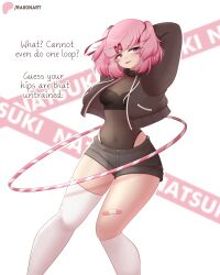  absurdres alternate_costume artist_name bandages black_jacket breasts character_name covered_navel denim denim_shorts doki_doki_literature_club english_text female highres hoop hula_hoop jacket medium_breasts natsuki_(doki_doki_literature_club) open_clothes open_jacket patreon_logo patreon_username pink_hair raion_(raionart) short_hair shorts standing thighhighs thighs white_background white_thighhighs 