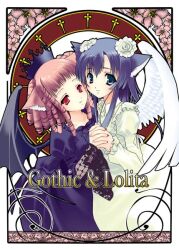  animal_ears blue_eyes blue_hair bow brown_hair cat_ears dress flower flowers gothic_lolita hat lolita lolita_fashion long_hair nekomimi pair red_eyes rose roses short_hair wings 