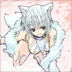  .hack// .hack//tasogare_no_udewa_densetsu animal_ears bandai black_eyes breasts collar cyber_connect_2 earring earrings female grey_hair hack halter_neck halterneck jewelry large_breasts lowres ookamimi ouka ouka_(.hack//) short_hair silver_hair smile solo tattoo wolf_ears wolfgirl 