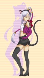  amber_eyes animal_ears boots bow cat_ears code_geass dark_skin elbow_gloves gloves heels high_heels long_hair nekomimi pony_tail ponytail purple_hair ribbon shoes silver_hair skirt tan tanned_skin thigh_highs thighhighs viletta_nu villetta_nu yellow_eyes 