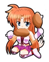  :3 alph animal_ears arf blue_eyes boots bow dog_ears doggirl food fox_ears foxgirl inumimi kitsunemimi long_hair lowres lyrical_nanoha magical_girl_lyrical_nanoha mahou_shoujo_lyrical_nanoha oerba_yun_fang red_hair red_hair shorts thigh_highs thighhighs 