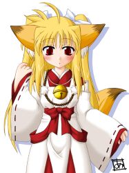  ahoge animal_ears bell blonde_hair bow fate_testarossa fox_ears japanese_clothes jewelry kitsunemimi long_hair lyrical_nanoha magical_girl_lyrical_nanoha mahou_shoujo_lyrical_nanoha miko necklace red_eyes tail twintails twintails 