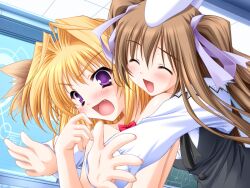  2girls ahoge animal_ears blonde_hair bow brown_hair bunny_ears cat_ears dress game_cg hcg long_hair multiple_girls nekomimi oerba_yun_fang platinum_wind purple_eyes ribbon short_hair twintails twintails usagimimi violet_eyes 