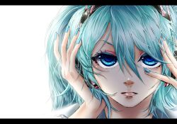  akiakane aqua_hair blue_eyes derivative_work female hands hatsune_miku headphones highres letterboxed lips long_hair migikata_no_chou_(vocaloid) nail_polish portrait solo twintails vocaloid 