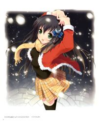  :d absurdres amesarasa arms_up black_legwear breasts chiyokawa_rin female green_eyes hair_ornament hairpin highres jacket kantoku medium_breasts open_mouth photoshop_(medium) plaid plaid_skirt scarf skirt smile snow snowflakes snowing thighhighs zettai_ryouiki 