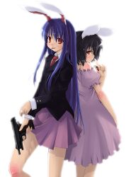  2girls animal_ears black_hair blue_hair bunny_ears bunny_girl bunnygirl dress female game gun inaba_tewi jacket long_hair multiple_girls necktie purple_hair red_eyes reisen_udongein_inaba short_hair skirt tie touhou usagimimi weapon yuuki_eishi 