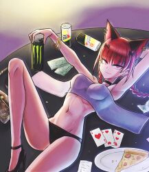  animal_ear_piercing animal_ears arm_behind_head armpits bag bandeau bangle banknote beer_can black_bow black_choker black_footwear black_panties bow bracelet braid breasts can card cat_ears cat_girl choker closed_mouth commentary_request cookie_(touhou) drink_can earrings extra_ears female food foot_out_of_frame hairbow handbag high_heels jewelry jgknskdcfwnmnk_(cookie) jigoku_no_soko_de_coffee_wo_nomu_neko kaenbyou_rin looking_at_viewer lying medium_breasts money monster_energy on_back panties pizza pizza_slice playing_card red_hair smile smug solo strong_zero stud_earrings touhou twin_braids underwear unworn_bandeau white_bandeau 