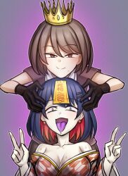  2girls azuki_aisu_ranmaru black_gloves blue_hair breasts brown_eyes brown_hair cleavage closed_mouth colored_inner_hair commentary_request cookie_(touhou) crown double_v dutch_angle gloves hands_on_another&#039;s_head indie_virtual_youtuber japanese_clothes jiangshi jigoku_no_soko_de_coffee_wo_nomu_neko jiko_mujun kimono looking_at_viewer medium_breasts multicolored_hair multiple_girls open_mouth orange_hair orange_kimono purple_background short_hair smile smug touhou usami_renko v virtual_youtuber white_kimono yagasuri 