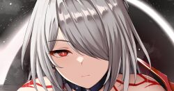  acheron_(honkai:_star_rail) black_hole body_markings bright_pupils close-up closed_mouth commentary_request cropped female hair_over_one_eye highres honkai:_star_rail honkai_(series) looking_at_viewer paid_reward_available partial_commentary portrait red_eyes renetan solo white_hair white_pupils 