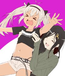  &gt;_&lt; 2girls akitetsu belt black_hair black_panties closed_eyes crop_top dark-skinned_female dark_skin flat_chest grey_hair hair_ornament highres lifting_person long_hair matsukai_mao multiple_girls navel nijisanji open_mouth panties panty_straps shirayuki_tomoe short_shorts shorts smile sweater twintails two-tone_background underwear virtual_youtuber 