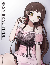  absurdres arm_support black_hair black_ribbon blush breasts cleavage collarbone detached_sleeves dot_nose english_text eyelashes female floral_print frilled_nightgown frilled_sleeves frills gradient_background grey_background hair_over_shoulder halterneck hand_in_own_hair head_tilt highres idolmaster idolmaster_million_live! idolmaster_million_live!_theater_days kitazawa_shiho long_hair looking_at_viewer medium_breasts nightgown official_alternate_costume parted_lips pink_negligee puffy_detached_sleeves puffy_sleeves ribbon rose_print sexy_beautiful_(idolmaster) shadow sitting solo very_long_hair waist_ribbon winter-namaz yellow_eyes 