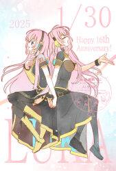  2girls anniversary arm_tattoo black_footwear black_shirt black_skirt black_wrist_cuffs blue_eyes boots breasts character_name closed_eyes commentary_request dated happy_anniversary headphones highres long_hair megurine_luka megurine_luka_(vocaloid4) multiple_girls open_mouth page_number pink_hair sa-fu_(sfmk39) shirt shoelaces short_sleeves sitting skirt tattoo vocaloid wrist_cuffs yellow_footwear 