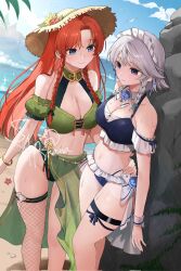  2girls ace_(playing_card) ace_of_spades artist_name beach bikini blue_bikini blue_eyes braid breasts card cleavage frills green_bikini hat highres hong_meiling izayoi_sakuya large_breasts long_hair looking_at_another maid_headdress medium_breasts medium_hair multiple_girls navel ocean playing_card red_hair sarukana signature smile spade_(shape) swimsuit thigh_strap touhou twin_braids white_hair yuri 