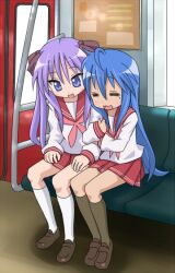  ahoge blue_eyes blue_hair izumi_konata kagami_hiiragi lucky_star mountain_pukuichi purple_hair school_uniform schoolgirl tagme train twintails yuri 