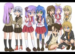  ahoge blue_hair hiiragi_tsukasa izumi_konata kagami_hiiragi lucky_star mountain_pukuichi panchira purple_hair school_uniform schoolgirl squat tagme twintails upskirt 