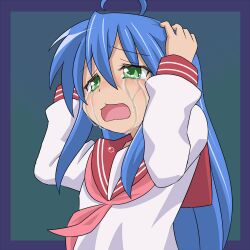  :3 ahoge banned_artist blue_hair crying crying_with_eyes_open green_eyes hands izumi_konata long_hair lucky_star mountain_pukuichi open_mouth ryouou_school_uniform sad school_uniform serafuku solo tears 