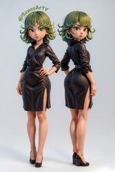  1girls ai_generated belt black_clothes black_dress curly_hair female female_only green_hair hand_on_hip high_heels highres human one-punch_man pale-skinned_female pale_skin petite petite_body petite_female sensuarty short_hair tatsumaki thick_ass thick_thighs thigh_slit thighs thighs_together tight_clothes tight_clothing tight_dress tight_fit white_background 