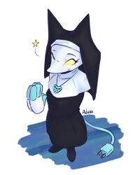  2026 4:5 advos clothed clothed_female clothing darkner deltarune digital_drawing_(artwork) digital_media_(artwork) disembodied_hand female fingers front_view hi_res looking_at_viewer machine nun_outfit robot simple_background smile solo standing tail tasque_manager tasque_manager_(nun) undertale_(series) 