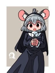  ambiguous_feral ambiguous_gender animal_humanoid black_clothing black_dress carrying_another clothed clothed_female clothed_humanoid clothing cross cross_necklace dress duo female female_humanoid feral grey_hair hair hi_res holding_cross holding_jewelry holding_necklace holding_object humanoid inner_ear_fluff interlocked_fingers jewelry kasuya_baian mammal mammal_humanoid mouse mouse_humanoid murid murid_humanoid murine murine_humanoid nazrin necklace nun_habit nun_outfit on_head open_mouth open_smile red_eyes religious_clothing rodent rodent_humanoid simple_background smile touhou tuft 