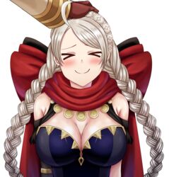  &gt;_&lt; 1boy 1girls ahoge bangs between_breasts braid breasts capelet chest_harness cleavage closed_eyes closed_mouth commission female female_focus fire_emblem fire_emblem_fates fire_emblem_heroes gloves hairband harness headpat highres hood hooded_capelet kiran_(fire_emblem) kiran_(fire_emblem)_(male) large_breasts leather leather_gloves leather_strap long_hair male nina_(fire_emblem) nintendo non-web_source official_alternate_costume saikunartworks smile strap_between_breasts transparent_background twin_braids upper_body wholesome 