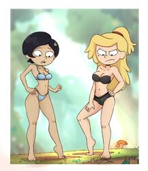  2girls alternate_hairstyle amphibia barefoot bikini bikini_bottom bikini_top cleavage commission disgusted disney disney_channel disney_xd drawsoyeah duo feet female_focus female_only forest frustrated full_body hair_pin long_hair marcy_wu ponytail sasha_waybright short_hair straight_hair thighs toes underwear 