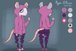  2022 absurd_res american_opossum anthro bottomwear brown_eyes character_name cheek_tuft clothed clothed_anthro clothed_female clothing ears_through_headwear english_text exposure_variation facial_tuft female female_anthro footwear frown gesture glossypenthouse grey_background grey_body hairless_tail hi_res hoodie mammal marsupial model_sheet notched_ear pants pink_clothing pink_footwear pink_hoodie pink_nose pink_shoes pink_tail pink_topwear purple_spandex raised_hand ryna_o&#039;brian shoes shorts simple_background solo spandex spandex_pants stated_species tail tail_over_bottomwear text thigh_gap tight_clothing topwear torn_bottomwear torn_clothing torn_pants tuft waving wide_hipped_female wide_hips young young_anthro young_female 