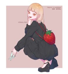  backpack bag bags_under_eyes black_dress black_nails blonde_hair boku_no_hero_academia cellphone collar dress female food food-themed_bag fruit full_body hair_down handbag long_hair mizuki_mau nail_polish oerba_yun_fang open_mouth phone simple_background smartphone smile solo squatting strawberry strawberry_bag toga_himiko wedge_heels white_collar yellow_eyes 