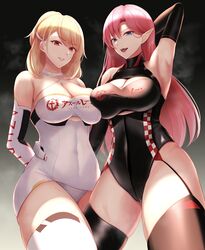  2girls :d absurdres arm_behind_head arm_up armpits azur_lane bare_shoulders black_legwear black_leotard black_sleeves blonde_hair blue_eyes blush breasts cleavage collarbone commentary_request covered_navel cowboy_shot criss-cross_halter detached_sleeves duke_of_york_(azur_lane) duke_of_york_(prestige_of_the_glorious_formula)_(azur_lane) gloves hair_between_eyes hair_ornament hairclip halterneck highleg highleg_leotard highres large_breasts leotard long_hair looking_at_viewer multiple_girls official_alternate_costume open_mouth parted_bangs parted_lips pink_hair prince_of_wales_(azur_lane) prince_of_wales_(the_laureate&#039;s_victory_lap)_(azur_lane) race_queen red_eyes revision sidelocks skindentation sleeveless smile standing sweat swept_bangs tanpaku-chan teeth thighhighs upper_teeth_only white_gloves white_leotard white_thighhighs 