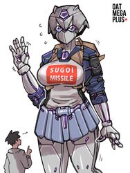  1boy artist_name english_commentary female giant giantess highres mecha mechanical_skirt mechanization oatmegaplus open_hand purple_eyes robot sakurai_shin&#039;ichi size_difference sugoi_dekai uzaki-chan_wa_asobitai! uzaki_hana waving white_background 