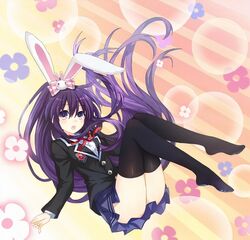  absurdres animal_ears blush collared_shirt date_a_live date_a_live:_spirit_pledge fake_animal_ears female full_body highres hime_cut long_hair miniskirt purple_eyes purple_hair raizen_high_school_uniform red_ribbon ribbon school_uniform shirt skirt thighhighs tsunako yatogami_tooka 