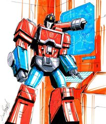  autobot blue_eyes clenched_hand commission english_commentary highres livioramondelli looking_at_viewer mecha no_humans open_hand perceptor_(transformers) robot shoulder_cannon signature solo traditional_media transformers transformers:_generation_1 