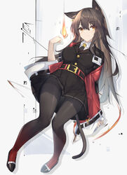  animal_ears arknights arm_at_side belt belt_buckle black_footwear black_jacket black_necktie black_pantyhose black_skirt breasts brown_hair buckle cat_ears cat_girl cat_tail closed_mouth collared_shirt commentary_request ear_piercing female fire flats full_body gradient_legwear grey_background hair_between_eyes hand_up highres jacket knees_together_feet_apart large_tail long_hair long_sleeves looking_at_viewer miniskirt necktie open_clothes open_jacket orange_eyes pantyhose piercing pigeon-toed pleated_skirt red_jacket red_pantyhose shirt shoes skirt skyfire_(arknights) smile solo staff striped striped_clothes striped_necktie tail vertical-striped_clothes vertical-striped_necktie white_shirt wide_sleeves wing_collar yki 