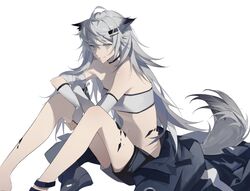  absurdres animal_ears arknights azure_silan bandaged_arm bandages bandeau bare_legs bare_shoulders black_choker black_shorts breasts choker commentary_request female fingerless_gloves gloves grey_eyes grey_gloves grey_hair grin hair_between_eyes hair_ornament hairclip highres knees_up lappland_(arknights) long_hair looking_at_viewer material_growth midriff navel oripathy_lesion_(arknights) scar scar_across_eye short_shorts shorts simple_background sitting small_breasts smile solo stomach strapless tube_top very_long_hair white_background wolf_ears 