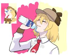  blonde_hair blush bob_cut bottle chibi closed_eyes collared_shirt commentary crmanzana failure female from_side hair_between_eyes hat holding holding_bottle hololive hololive_english medium_hair necktie parted_lips red_necktie reference_inset shirt smile smol_ame symbol-only_commentary upper_body virtual_youtuber water water_bottle watson_amelia watson_amelia_(1st_costume) wet wet_clothes wet_shirt white_shirt wing_collar you&#039;re_doing_it_wrong 