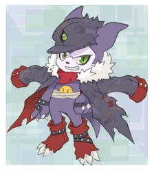  anthro bancho bandage bandai_namco bandana belt clawed_fingers claws clothing coat coat_over_shoulders digimon digimon_(species) green_eyes grin hat headgear headwear impmon kerchief male na0r3n purple_body short_stack smile solo toe_claws topwear 