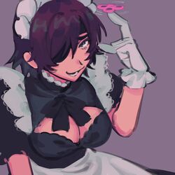  alternate_costume arm_up black_hair breasts chainsaw_man cleavage_cutout clothing_cutout enmaided eyepatch female fidget_spinner frilled_sleeves frills gloves highres himeno_(chainsaw_man) large_breasts liowig looking_at_viewer maid maid_headdress open_mouth puffy_sleeves purple_background purple_theme short_hair simple_background smile smug solo white_gloves 