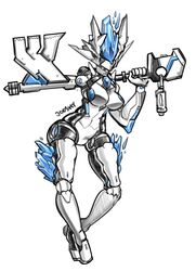  2019 amputee android big_breasts black_body blue_markings breasts crystal cybernetic_limb cybernetics disability eyeless featureless_breasts featureless_crotch female holding_object holding_weapon humanoid jooshy key machine markings melee_weapon multicolored_body one_arm robot simple_background solo standing sword two_tone_body weapon white_background white_body 