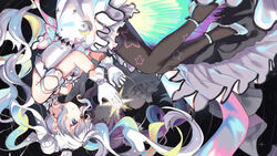  2girls absurdres bare_shoulders black_pantyhose blue_eyes blue_hair closed_mouth commentary_request crossover dress dutch_angle gloves heterochromia high_heels highres hololive kagura_gumi kagura_mea long_hair lying minato_aqua multicolored_hair multiple_girls on_side pantyhose pink_hair print_pantyhose purple_eyes shoes sleeveless sleeveless_dress smile star_(symbol) star_print twintails two-tone_hair very_long_hair virtual_youtuber white_dress white_footwear white_gloves white_hair xuu_shi_times yellow_eyes 