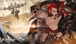  3girls ainezu armor armored_boots artery_gear artery_gear:_fusion aviator_sunglasses bikini bikini_top_only bikini_under_clothes black_gloves black_headwear black_jacket black_pants boots breasts brown_leotard building cannon carrying carrying_person cleavage closed_eyes closed_mouth cloud cloudy_sky collarbone commentary_request covered_navel desert dust_cloud flat_chest full_body gauntlets gloves grey_hair groin hair_ornament hairclip hastur_(artery_gear) hat headgear headset highres jacket jetpack knud_(artery_gear) large_breasts leotard light_rays logo long_hair looking_at_another mask mecha_musume mechanical_legs mechanical_parts mechanical_wings midriff missile missile_pod multiple_girls navel official_art open_clothes open_jacket outdoors over-kneehighs pants parted_lips petite quinn_(artery_gear) red_eyes red_gloves red_hair red_shirt respirator rigging ruins shirt short_hair sidelocks sky skyscraper strapless sunbeam sunglasses sunlight swimsuit thighhighs thighs tube_top unconscious white_bikini wings zipper zipper_pull_tab 