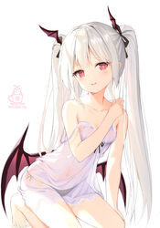  aliter artist_name bare_arms bare_shoulders bat_wings black_panties black_ribbon breasts brown_wings collarbone commentary dress female hair_ribbon hand_up highres kneeling long_hair looking_at_viewer low_wings original panties parted_lips purple_dress ribbon see-through side-tie_panties simple_background sleeveless sleeveless_dress small_breasts smile solo strap_slip twintails underwear very_long_hair white_background white_hair wing_hair_ornament wings 