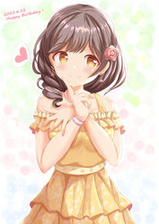  bare_shoulders black_hair blush bracelet breasts brown_eyes closed_mouth collarbone commentary_request dated dress female flower hair_flower hair_ornament hands_up happy_birthday heart highres jewelry looking_at_viewer necklace off-shoulder_dress off_shoulder ongeki own_hands_together pearl_bracelet pearl_necklace pink_flower pink_rose rose sakurai_haruna_(ongeki) small_breasts smile solo spoken_heart xenon_(for_achieve) yellow_dress 