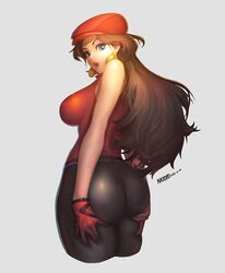  arms_at_sides ass_support bare_shoulders belt black_pants blue_eyes breasts brown_hair cropped_legs curious deep_skin donkey_kong_(series) earrings eyelashes female from_behind gloves golf_pauline grey_background hands_on_own_ass hat highres impossible_clothes impossible_shirt jewelry katoyo85 lipstick long_hair looking_at_viewer looking_back makeup mario_(series) mario_golf mario_golf:_super_rush mascara official_alternate_costume pants parted_lips pauline_(mario) red_gloves red_hat red_lips red_shirt shirt simple_background single_glove skin_tight sleeveless sleeveless_shirt solo tassel tassel_earrings 