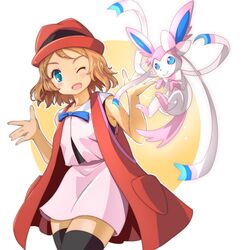  :d blonde_hair blue_eyes commentary_request female hat looking_at_viewer one_eye_closed open_mouth pokemon pokemon_(anime) pokemon_(creature) pokemon_xy_(anime) serena_(pokemon) short_hair skirt sleeveless smile sylveon thighhighs unkimo 