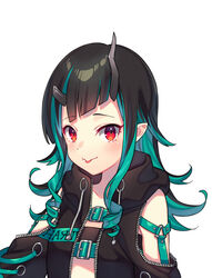  belt belt_bra black_hair black_jacket blue_belt blue_hair blush breasts chest_belt closed_mouth clothing_cutout commentary_request cross-laced_clothes cross-laced_sleeves demon_girl demon_horns female horns jacket kusumoto_shizuru long_hair long_sleeves looking_at_viewer multicolored_hair nanashi_inc. open_clothes open_jacket pointy_ears red_eyes shishio_chris shishio_chris_(1st_costume) shoulder_cutout simple_background small_breasts smile solo sugar_lyric tongue tongue_out two-tone_hair upper_body virtual_youtuber white_background 